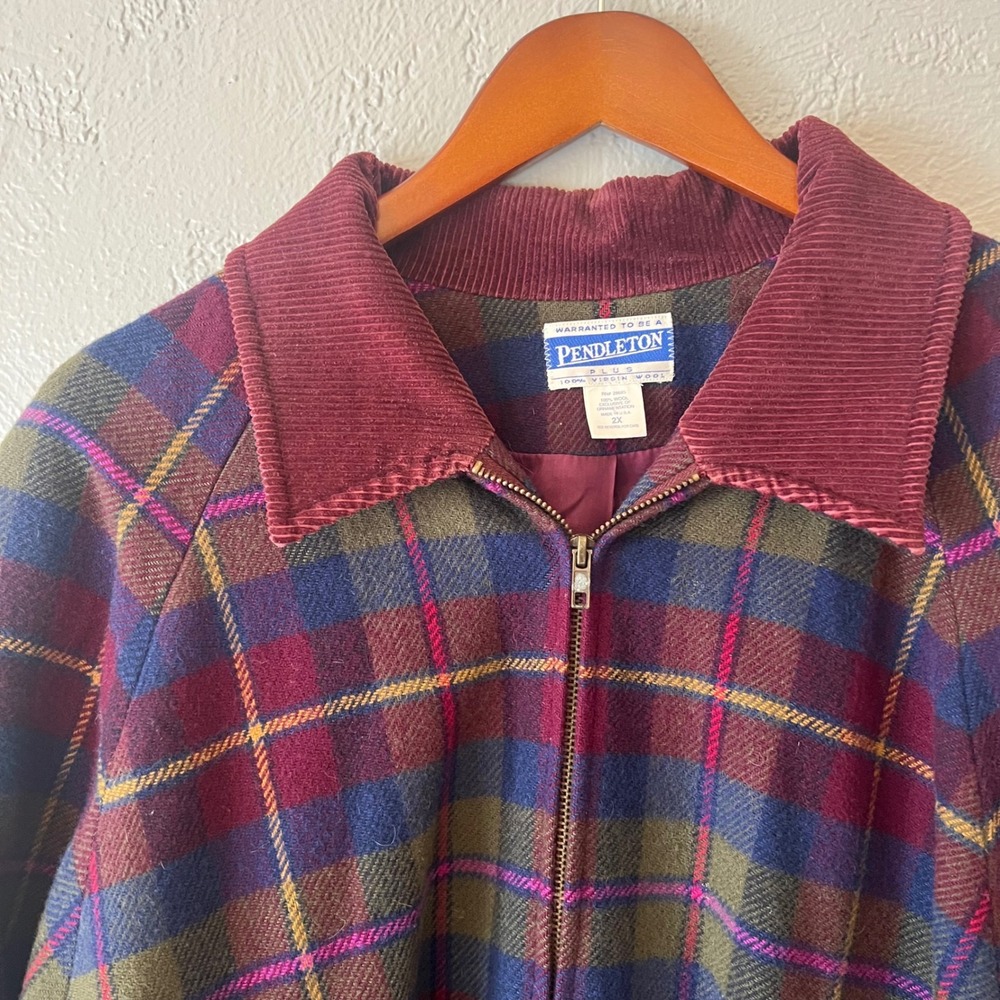 Pendleton Plus Vintage 100% Wool Plaid Bomber Jacket Burgundy 2X Made in USA